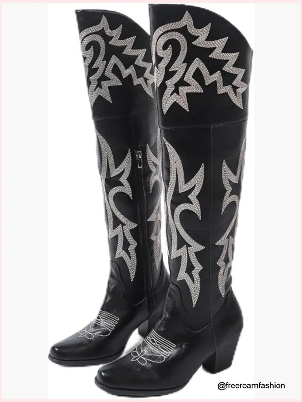Over-the-Knee Square Toe Embroidered PU Leather Boots with Chunky Heel & Side